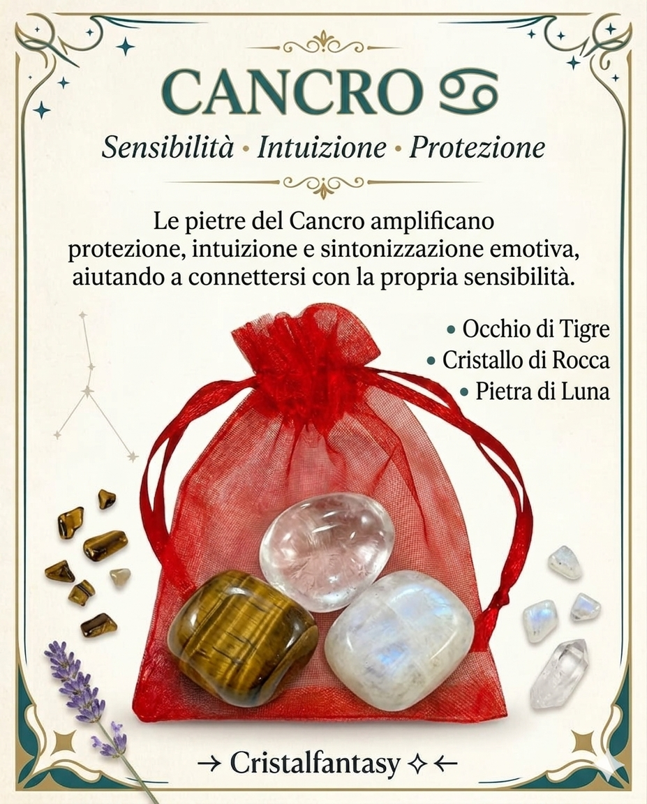 Kit Cristalli Segno Zodiacale Cancro - Occhio di Tigre, Cristallo di Rocca, Pietra di Luna