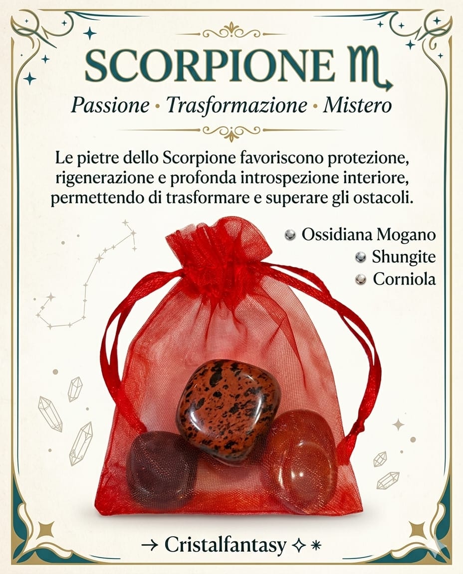 Kit Cristalli Segno Zodiacale Scorpione - Ossidiana Mogano, Shungite, Corniola