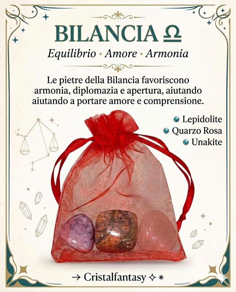 Kit Cristalli Segno Zodiacale Bilancia - Lepidolite, Quarzo Rosa, Unakite