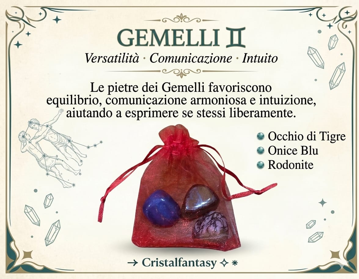 Kit Cristalli Segno Zodiacale Gemelli - Occhio di Tigre, Onice Blu, Rodonite