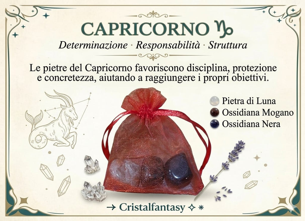 Kit Cristalli Segno Zodiacale Capricorno - Pietra di Luna, Ossidiana Mogano, Ossidiana Nera