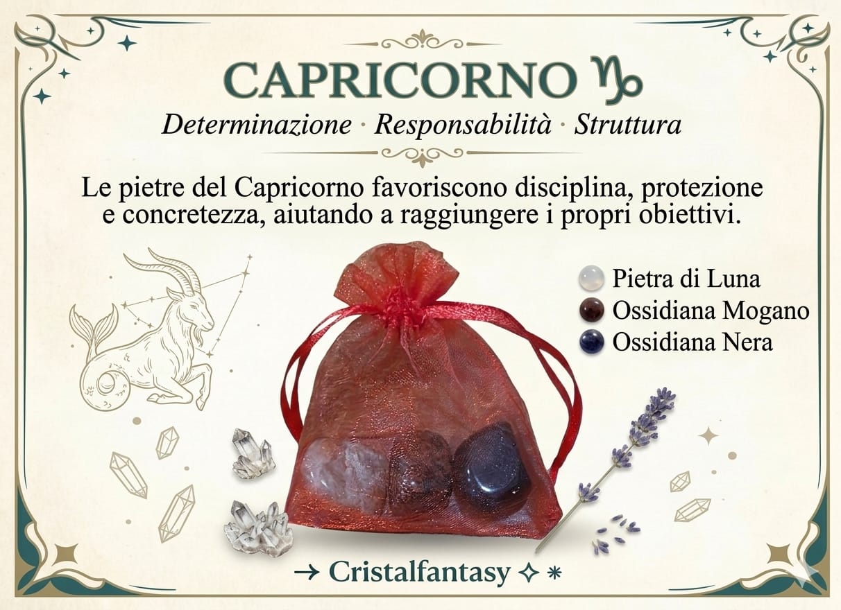 Kit Cristalli Segno Zodiacale Capricorno - Pietra di Luna, Ossidiana Mogano, Ossidiana Nera