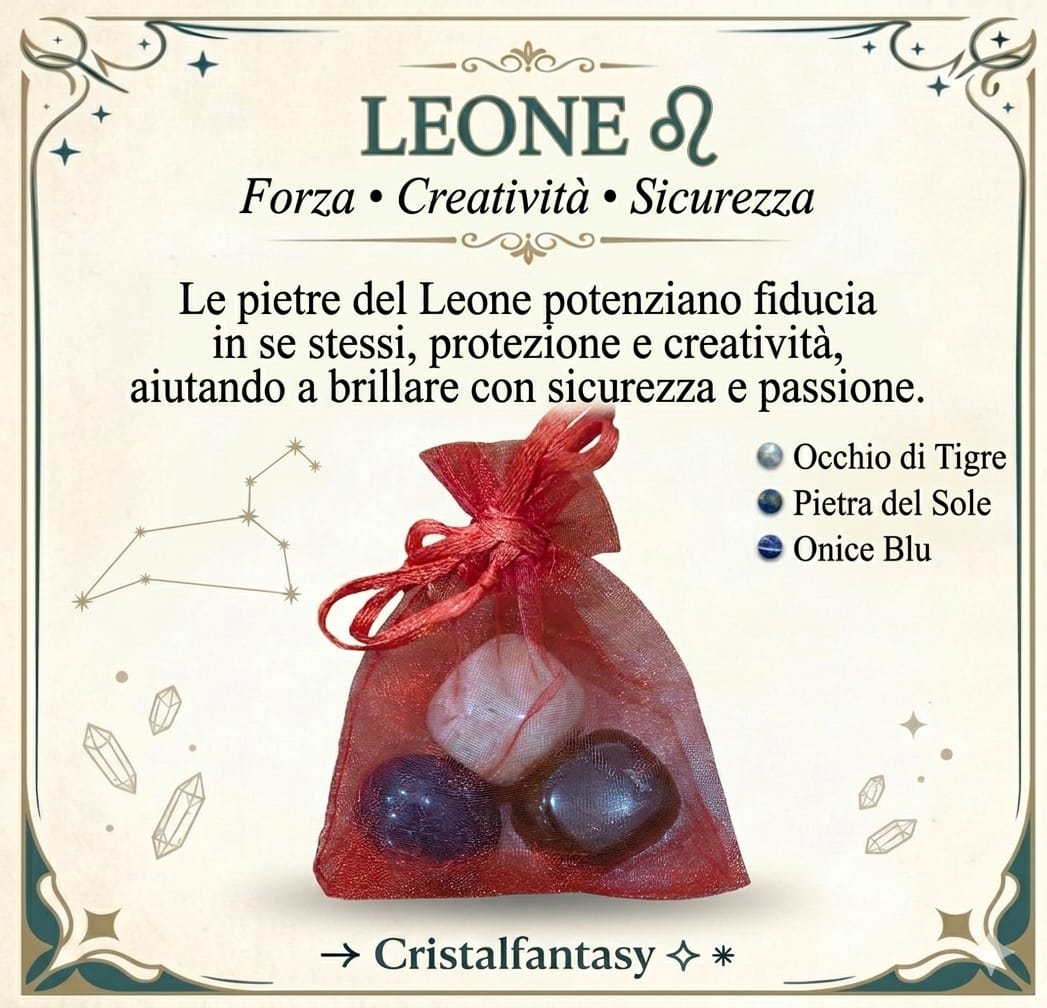 Kit Cristalli Segno Zodiacale Leone - Occhio di Tigre, Pietra del Sole, Onice Blu