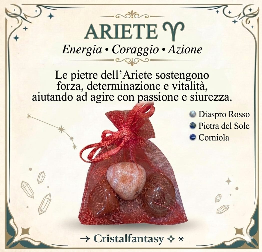 Kit Cristalli Segno Zodiacale Ariete - Diaspro Rosso, Pietra del Sole, Corniola