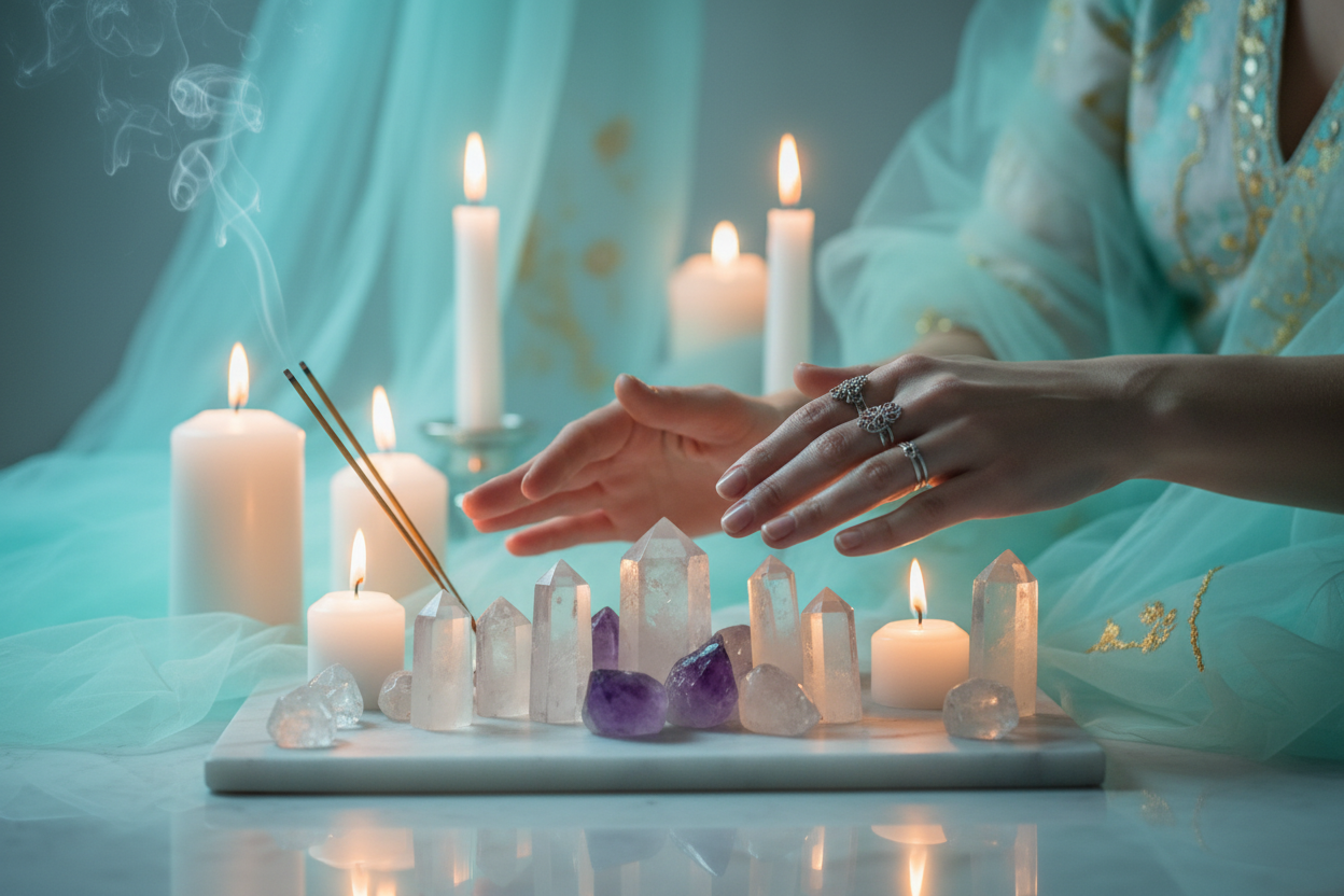 Sessione di Reiki con cristalli e candele